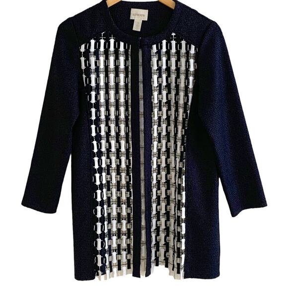 Chico's Womens Sz S Black White Basket Weave Open Front Longer Jacket - Picture 1 of 8